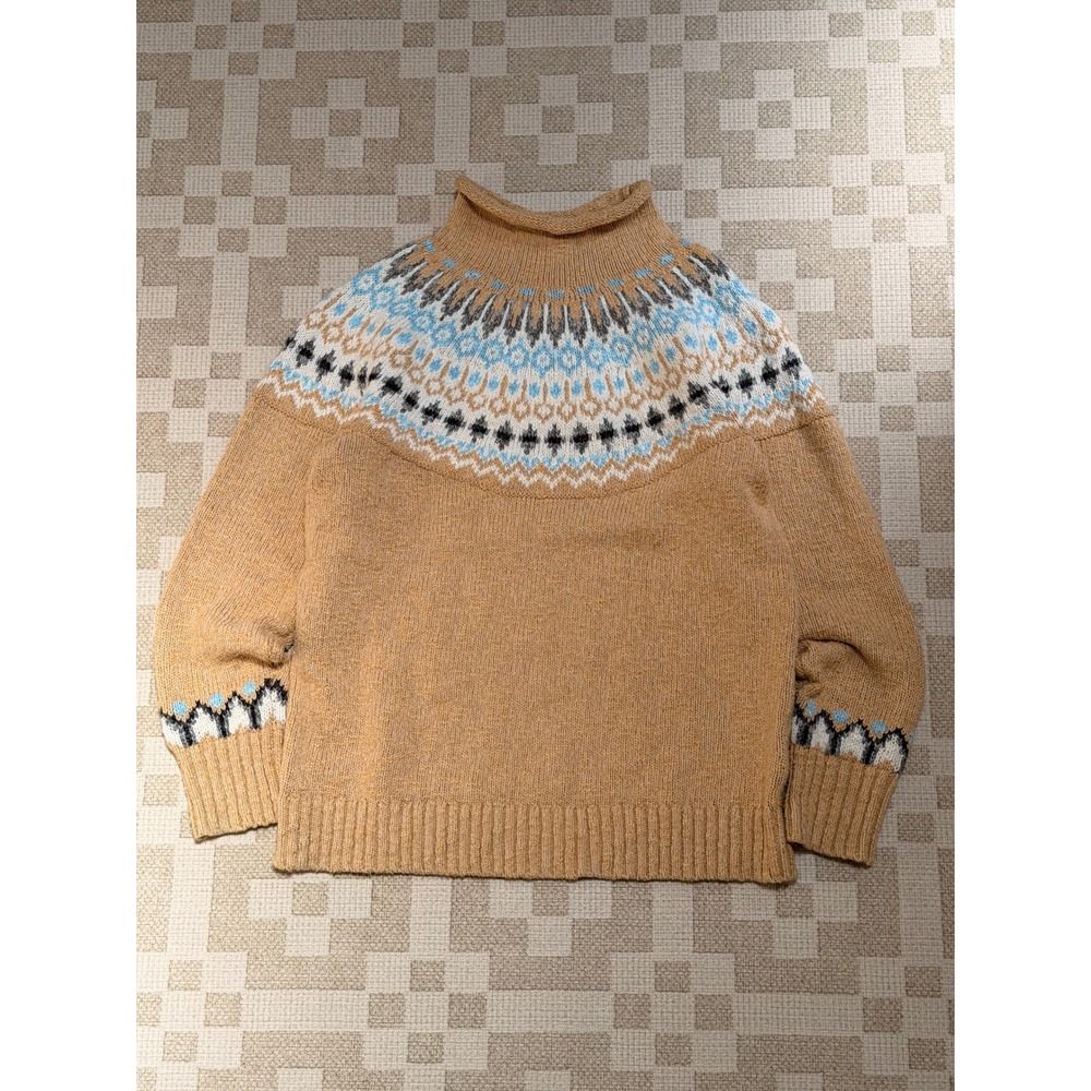 LL Bean Womens Small Petite Tan Cotton Fair Isle Mock Neck Sweater 511657